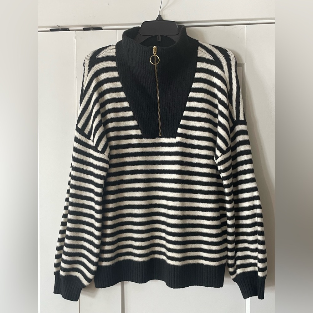 ⚓ LOFT Nautical Quarter-Zip Sweater – Black & White – Women’s L ⚓
